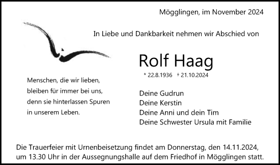 Traueranzeige von Rolf Haag von Gmünder Tagespost