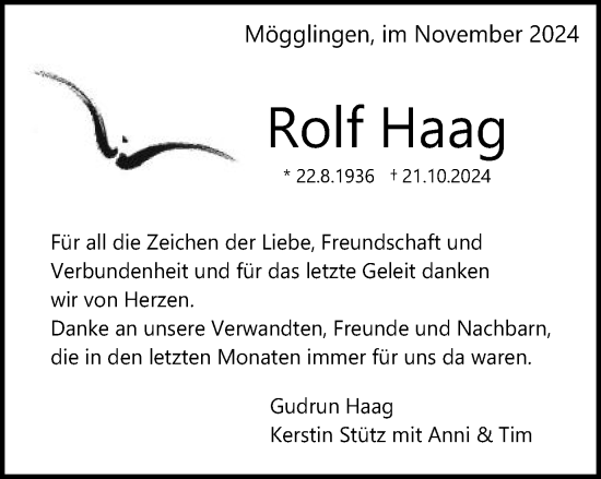 Traueranzeige von Rolf Haag von Gmünder Tagespost