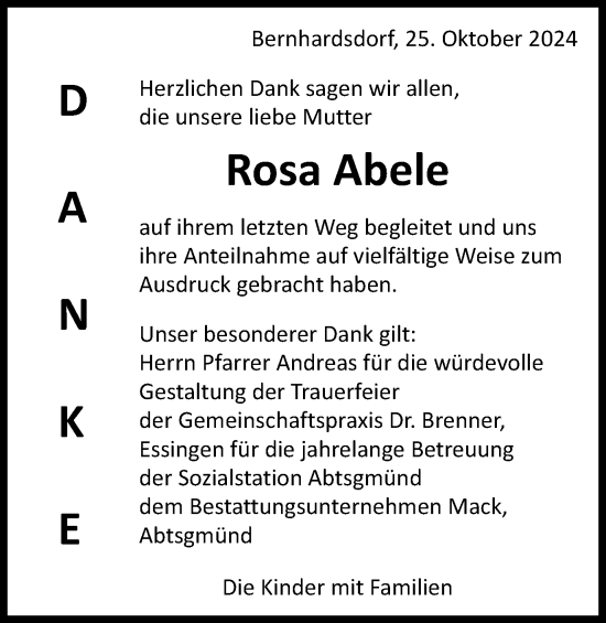 Traueranzeige von Rosa Abele von Schwäbische Post