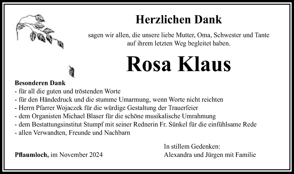  Traueranzeige für Rosa Klaus vom 23.11.2024 aus Schwäbische Post