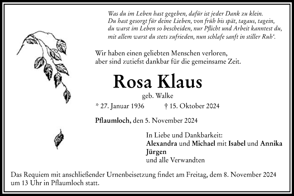  Traueranzeige für Rosa Klaus vom 05.11.2024 aus Schwäbische Post