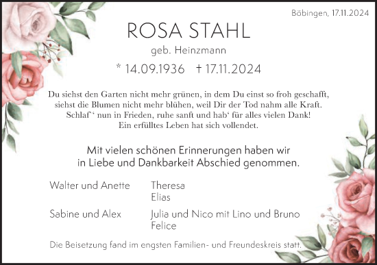 Traueranzeige von Rosa Stahl von Schwäbische Post