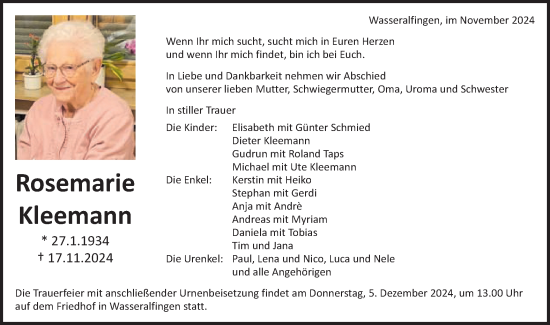 Traueranzeige von Rosemarie Kleemann von Schwäbische Post