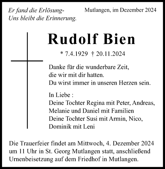 Traueranzeige von Rudolf Bien von Gmünder Tagespost