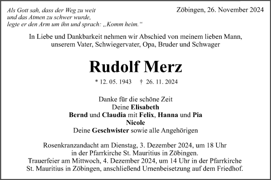Traueranzeige von Rudolf Merz von Schwäbische Post
