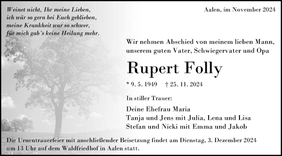 Traueranzeige von Rupert Folly von Schwäbische Post
