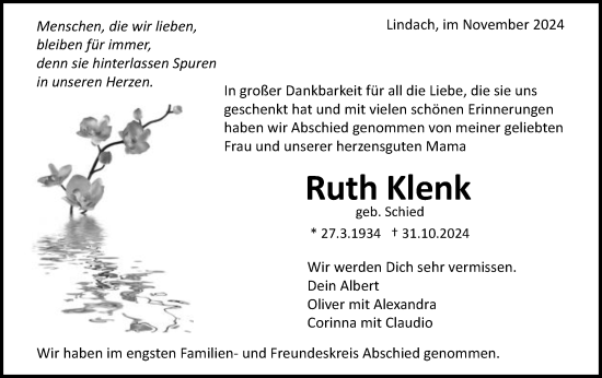 Traueranzeige von Ruth Klenk von Gmünder Tagespost