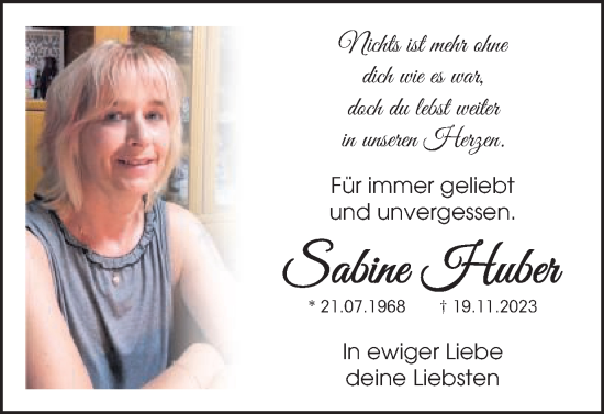 Traueranzeige von Sabine Huber von Schwäbische Post