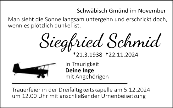 Traueranzeige von Siegfried Schmid von Gmünder Tagespost