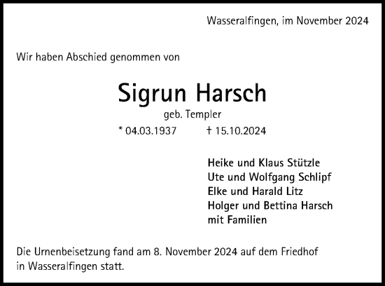 Traueranzeige von Sigrun Harsch von Schwäbische Post