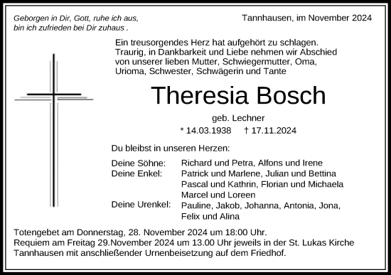 Traueranzeige von Theresia Bosch von Schwäbische Post