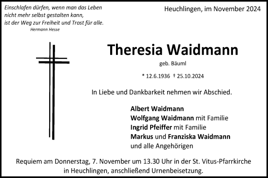 Traueranzeige von Theresia Waidmann von Gmünder Tagespost