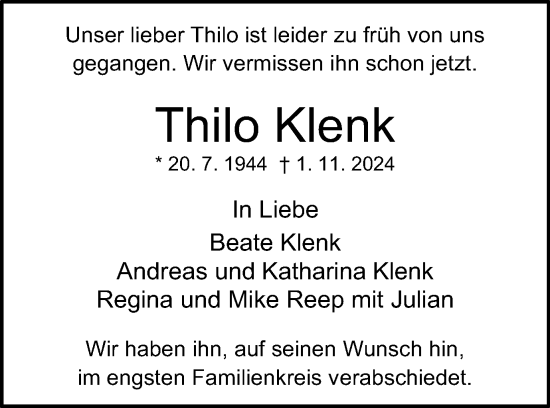 Traueranzeige von Thilo Klenk von Schwäbische Post