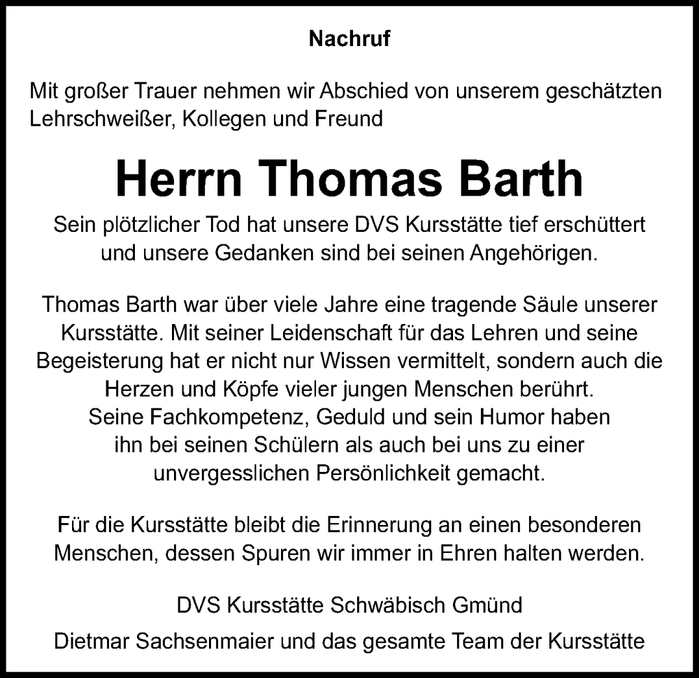  Traueranzeige für Thomas Barth vom 02.11.2024 aus Gmünder Tagespost