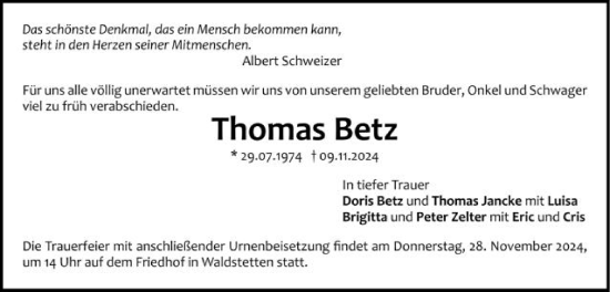 Traueranzeige von Thomas Betz von Gmünder Tagespost