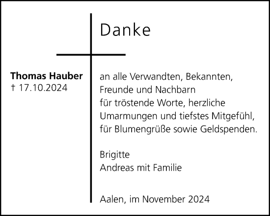 Traueranzeige von Thomas Hauber von Schwäbische Post