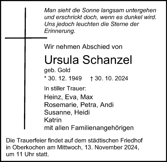 Traueranzeige von Ursula Schanzel von Schwäbische Post