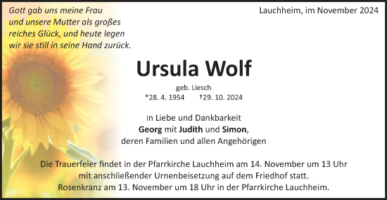 Traueranzeige von Ursula Wolf von Schwäbische Post