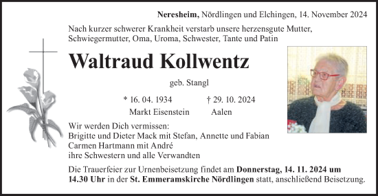 Traueranzeige von Waltraud Kollwentz von Schwäbische Post