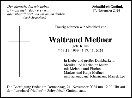 Traueranzeige von Waltraud Meßner von Gmünder Tagespost
