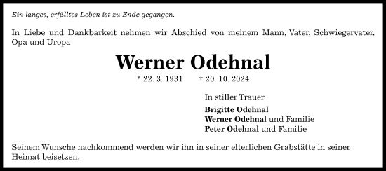 Traueranzeige von Werner Odehnal von Gmünder Tagespost