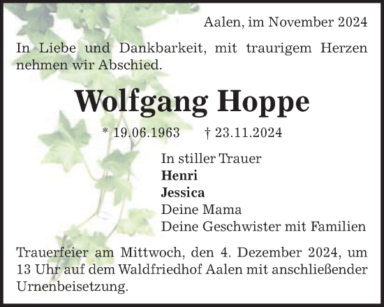 Traueranzeige von Wolfgang Hoppe von Schwäbische Post