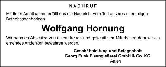 Traueranzeige von Wolfgang Hornung von Schwäbische Post