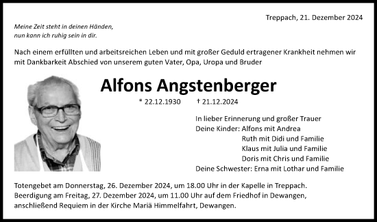 Traueranzeige von Alfons Angstenberger von Schwäbische Post