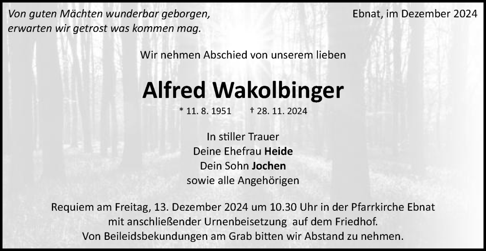  Traueranzeige für Alfred Wakolbinger vom 10.12.2024 aus Schwäbische Post