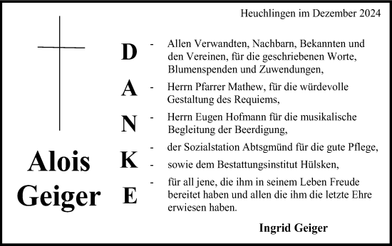 Traueranzeige von Alois Geiger von Gmünder Tagespost