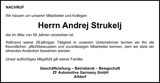 Traueranzeige von Andrej Strukelj von Gmünder Tagespost