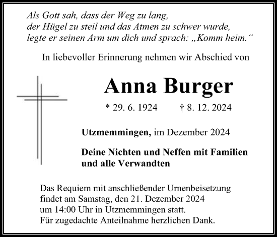 Traueranzeige von Anna Burger von Schwäbische Post