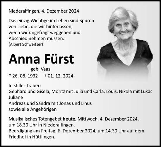 Traueranzeige von Anna Fürst von Schwäbische Post