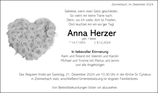 Traueranzeige von Anna Herzer von Gmünder Tagespost