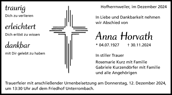 Traueranzeige von Anna Horvath von Schwäbische Post