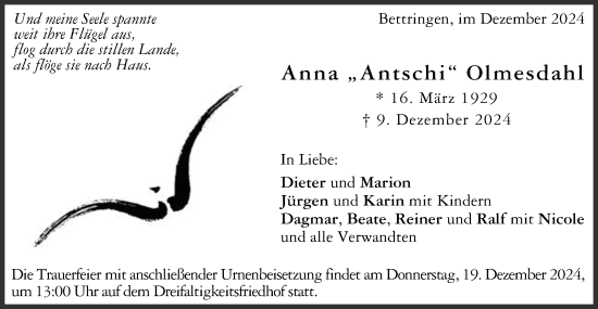 Traueranzeige von Anna  Olmesdahl von Gmünder Tagespost