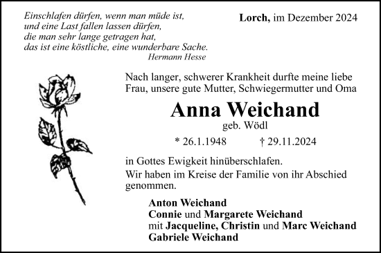 Traueranzeige von Anna Weichand von Gmünder Tagespost