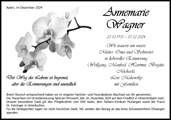 Traueranzeige von Annemarie Wagner von Schwäbische Post