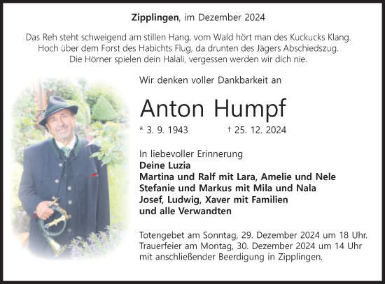 Traueranzeige von Anton Humpf von Schwäbische Post
