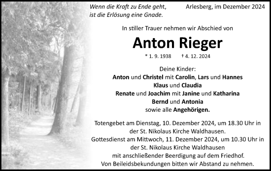 Traueranzeige von Anton Rieger von Schwäbische Post