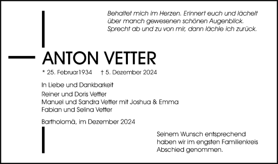 Traueranzeige von Anton Vetter von Gmünder Tagespost