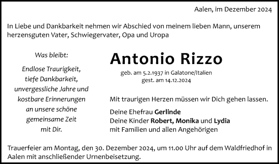 Traueranzeige von Antonio Rizzo von Schwäbische Post
