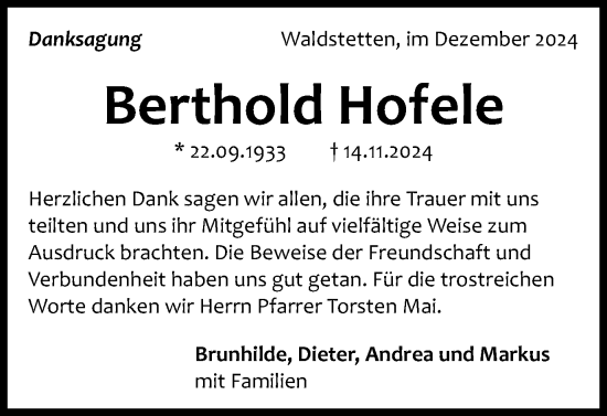 Traueranzeige von Berthold Hofele von Gmünder Tagespost
