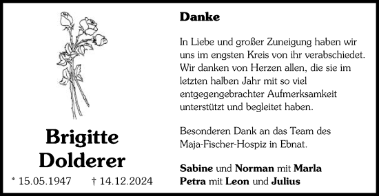Traueranzeige von Brigitte Dolderer von Schwäbische Post
