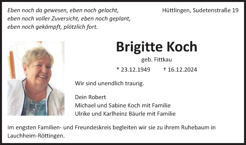  Traueranzeige für Brigitte Koch vom 21.12.2024 aus Schwäbische Post
