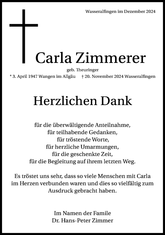 Traueranzeige von Carla Zimmerer von Schwäbische Post