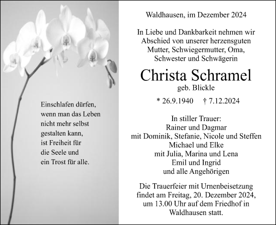 Traueranzeige von Christa Schramel von Gmünder Tagespost