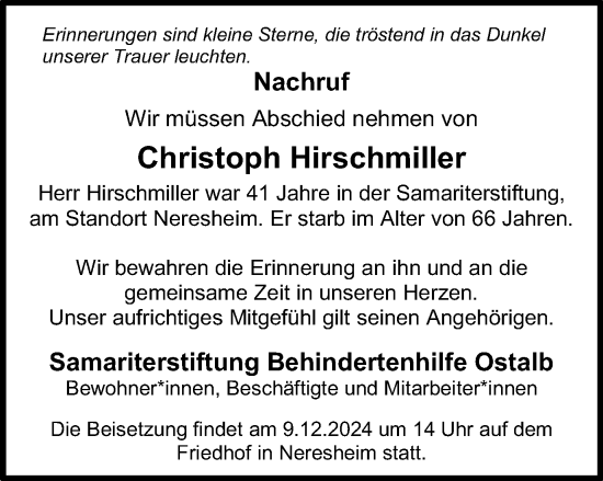 Traueranzeige von Christoph Hirschmiller von Schwäbische Post