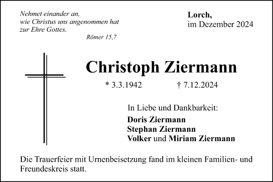 Traueranzeige von Christoph Ziermann von Gmünder Tagespost