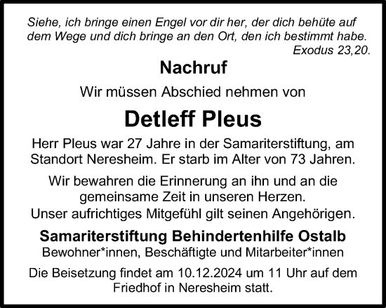 Traueranzeige von Detleff Pleus von Schwäbische Post